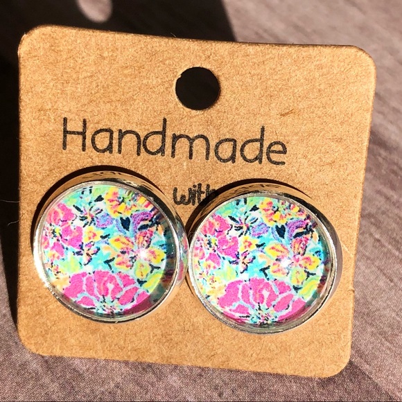 Cabana Bright Pink Floral Silver Stud Earrings - Picture 8 of 14